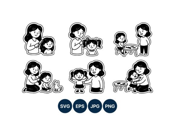 Mom and Daughter Hair Combing Line Art Graphics & Illustrations